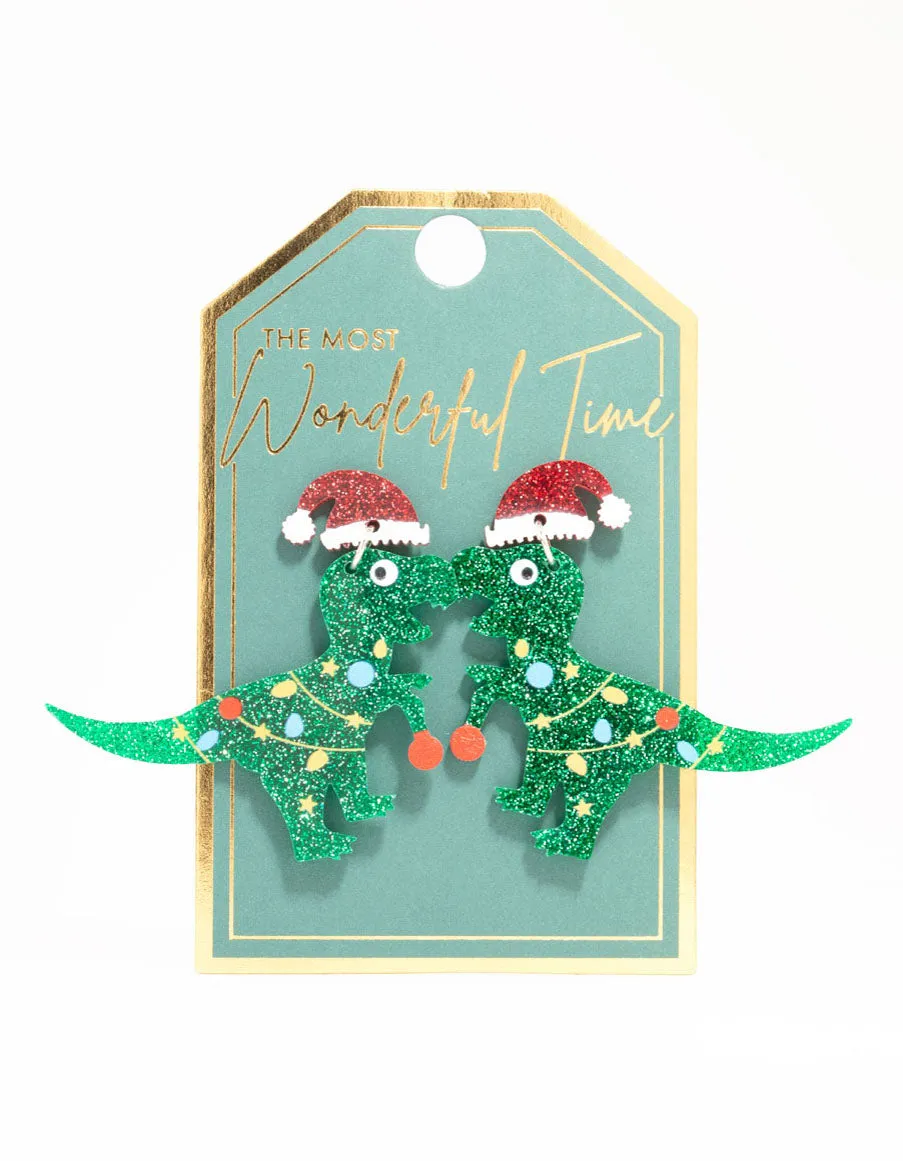 Acrylic Dinosaur With A Santa Hat Drop Earrings