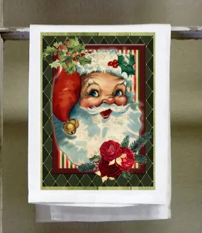 Christmas, Dish Towel, Vintage Santa on green harlequin