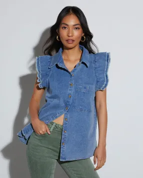 Drita Denim Frayed Ruffle Button Up Top