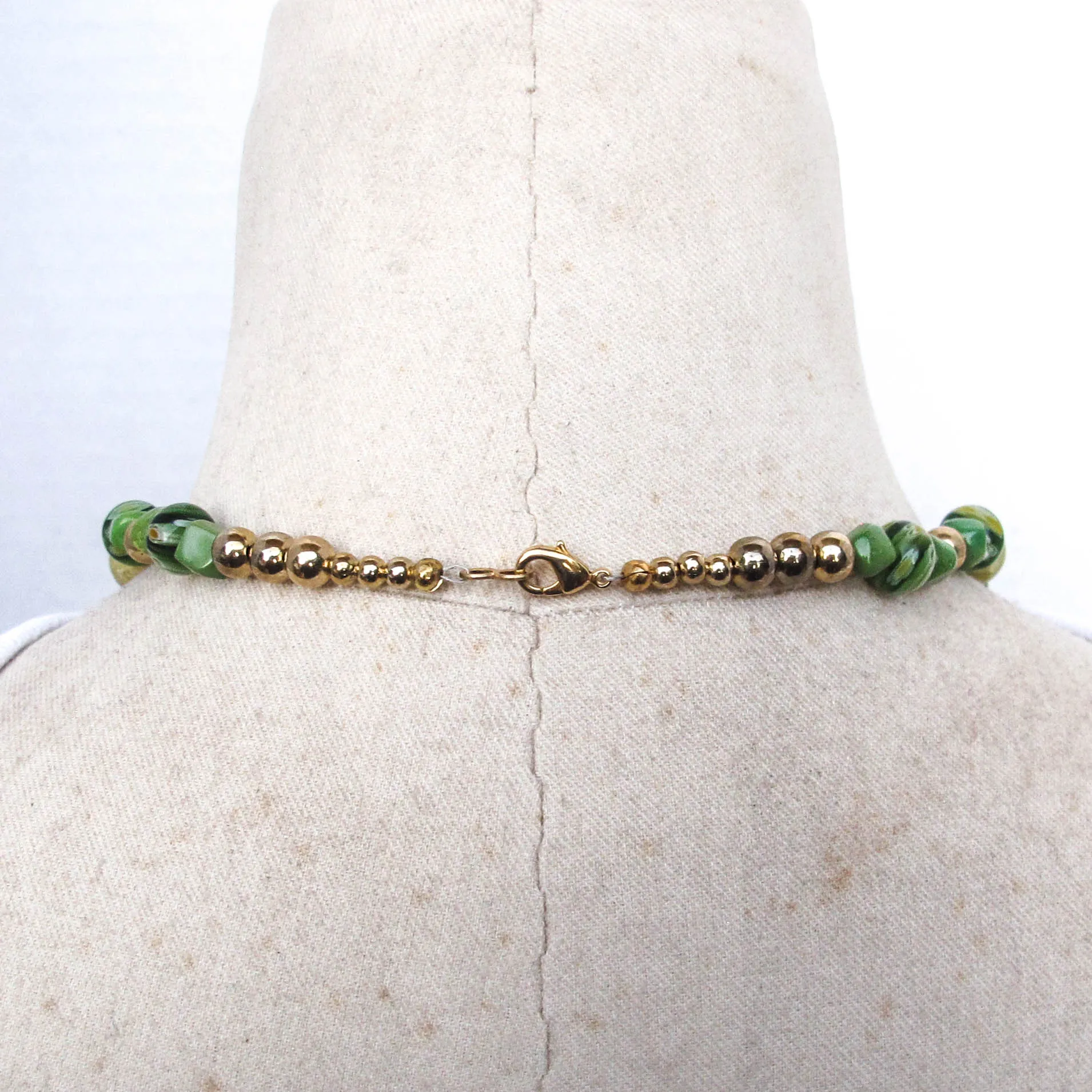 Green Serpentine, Millefiori and Gold Bead Necklace