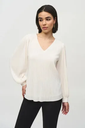 Joseph Ribkoff Off White Pleated Knit Boxy V-Neck Top