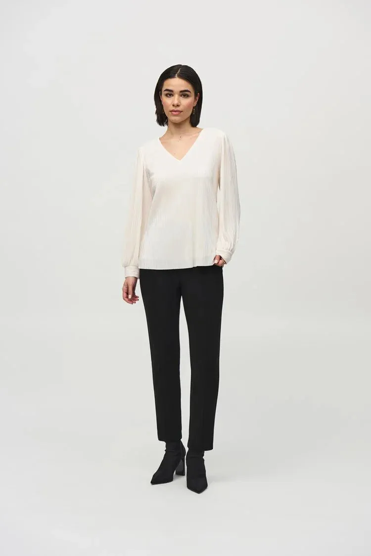 Joseph Ribkoff Off White Pleated Knit Boxy V-Neck Top