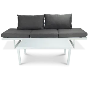 Milan 3 Seater Dual Sunlounger with San Sebastian Coffee Table in Arctic White Frame and Pebble Olefin Cushions