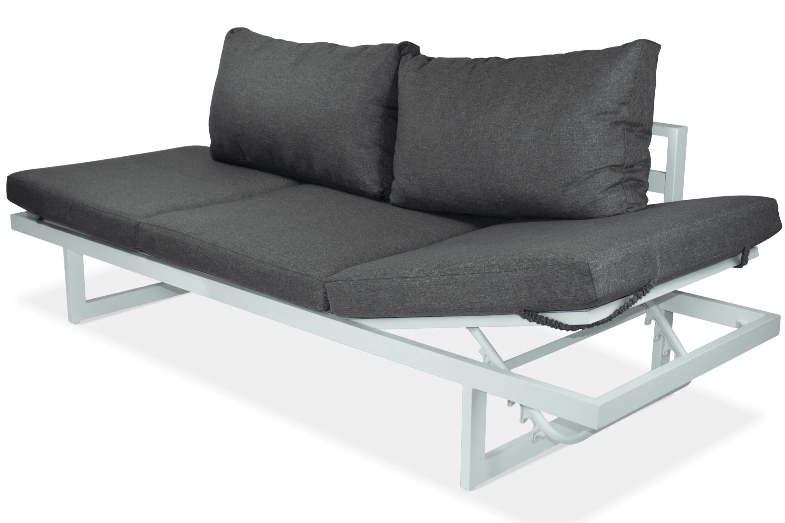 Milan 3 Seater with Dual Sunlounger Functionality in Arctic White Frame and Pebble Olefin Cushions