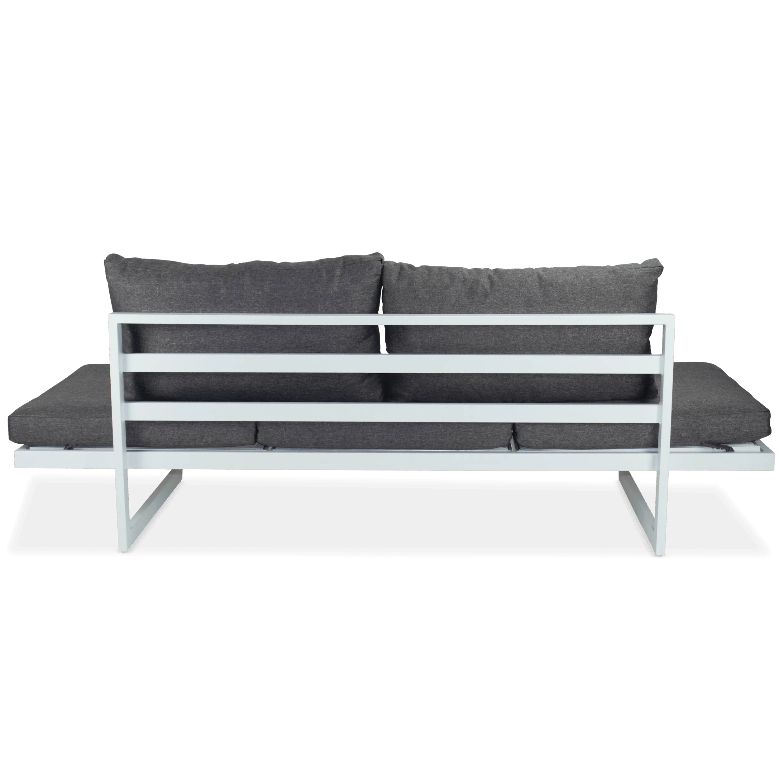 Milan 3 Seater with Dual Sunlounger Functionality in Arctic White Frame and Pebble Olefin Cushions