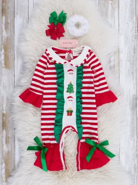 Red Stripes & Green Ruffles Embroidered Holiday Romper