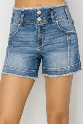 RISEN High Rise Seam Detailed Raw Edge Denim Shorts