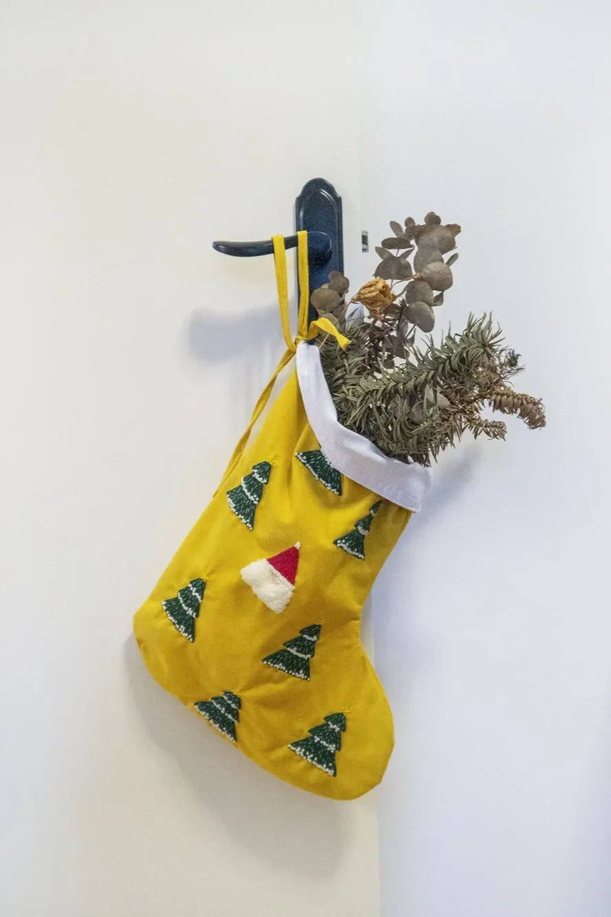 Unique Handmade Christmas Ornaments - Yellow Christmas Stocking with Embroidered Trees