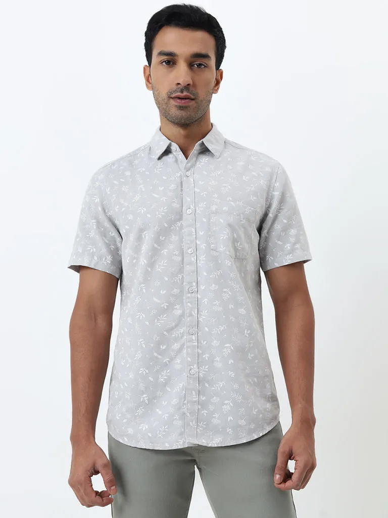 WES Casuals Grey Leaf Printed Slim-Fit Shirt