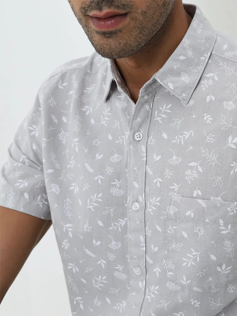 WES Casuals Grey Leaf Printed Slim-Fit Shirt