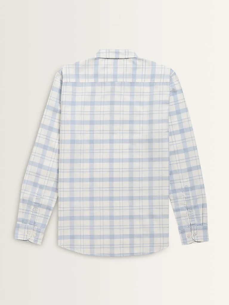 WES Casuals Light Blue Checkered Slim-Fit Cotton Shirt