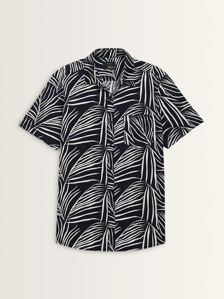 WES Casuals Navy Leaf Design Slim-Fit Cotton Shirt