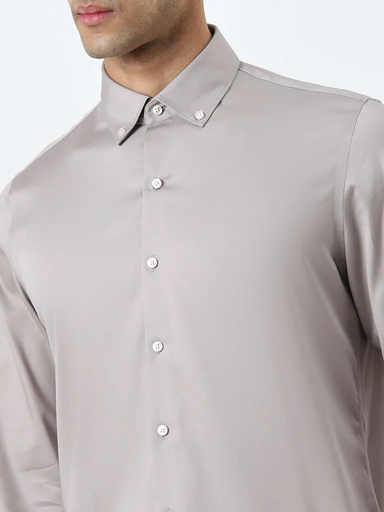 WES Formals Light Taupe Solid Slim-Fit Cotton Blend Shirt