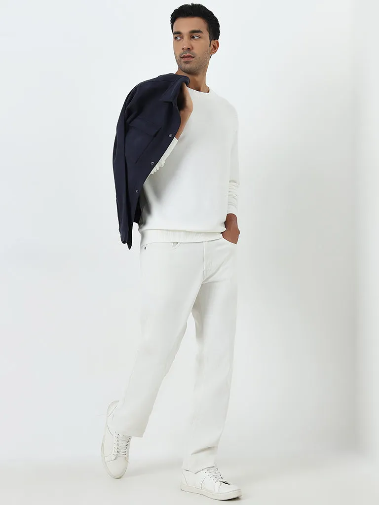 WES Formals Off-White Knit-Textured Slim-Fit Sweater