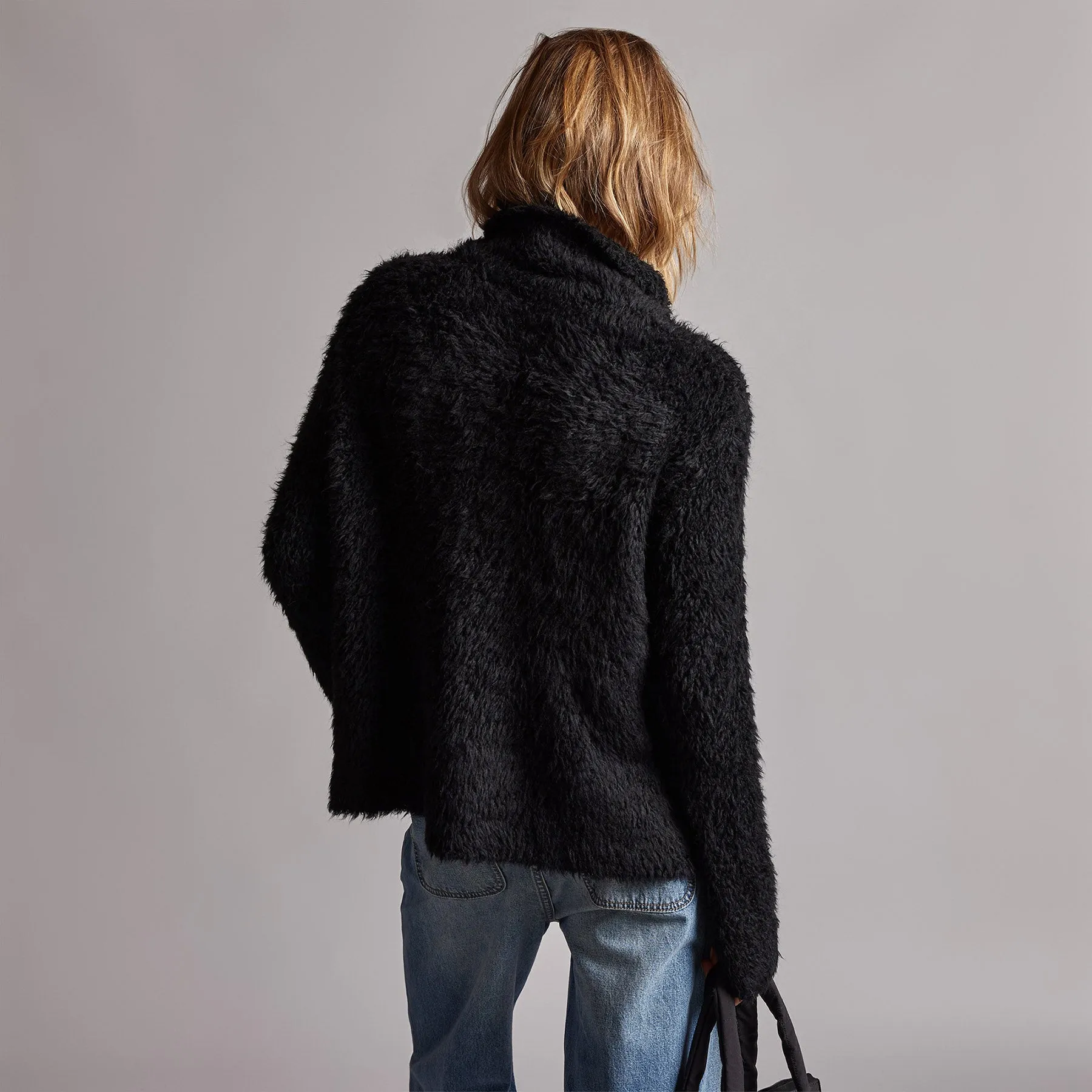 Wool Blend Sherpa Turtleneck Sweater - Black